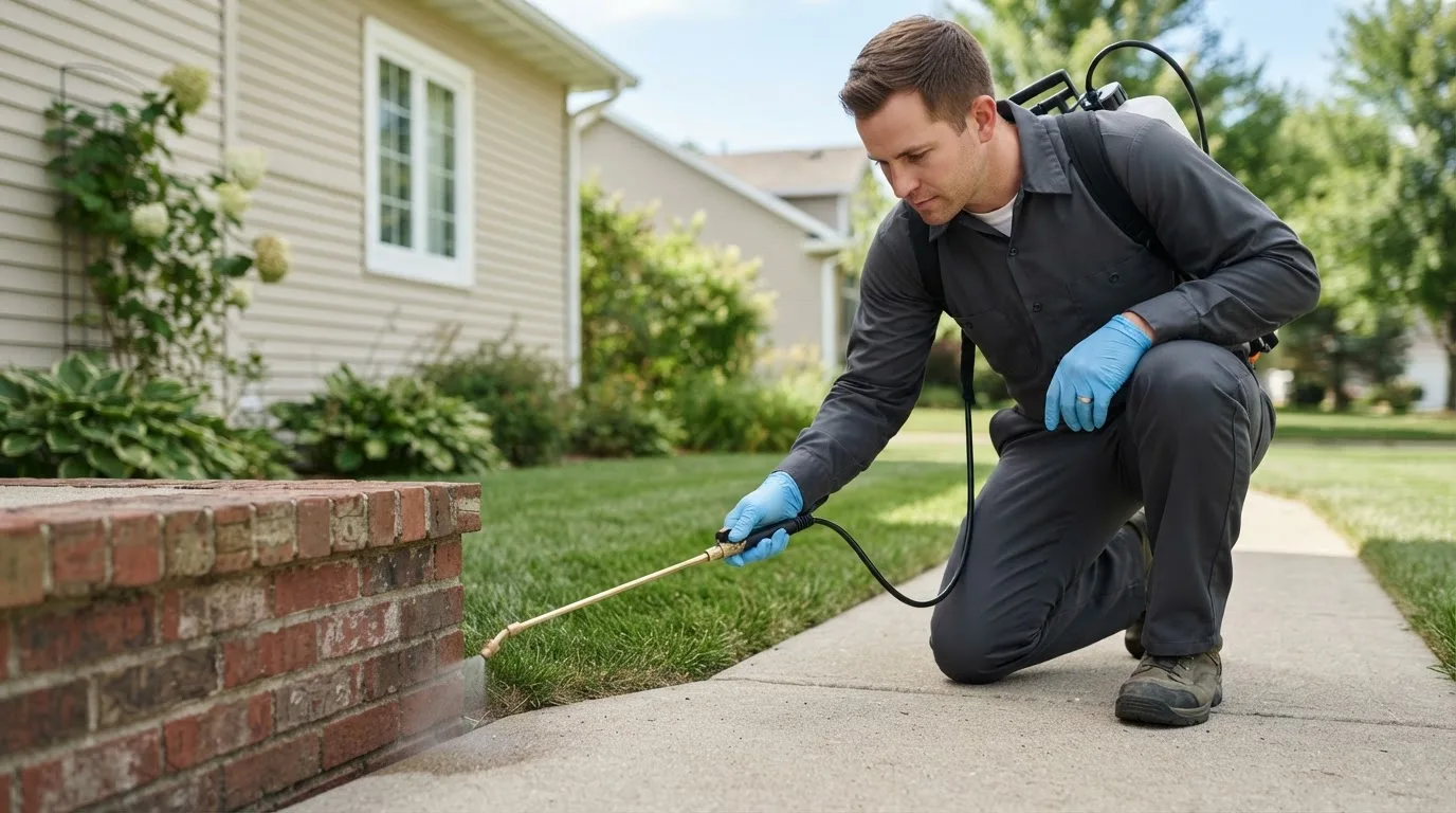 Pest control technician treating a home near Stow, MA