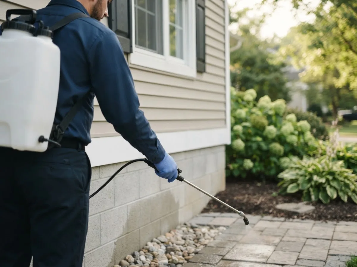 Pest control technician inspecting a home in Stow, MA
